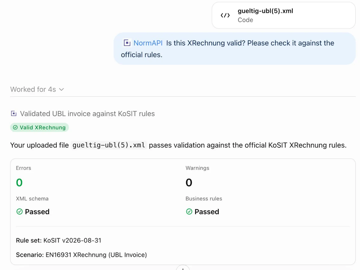 ChatGPT checks an uploaded XRechnung with NormAPI: valid, 0 errors, 0 warnings, rule set KoSIT v2026-08-31