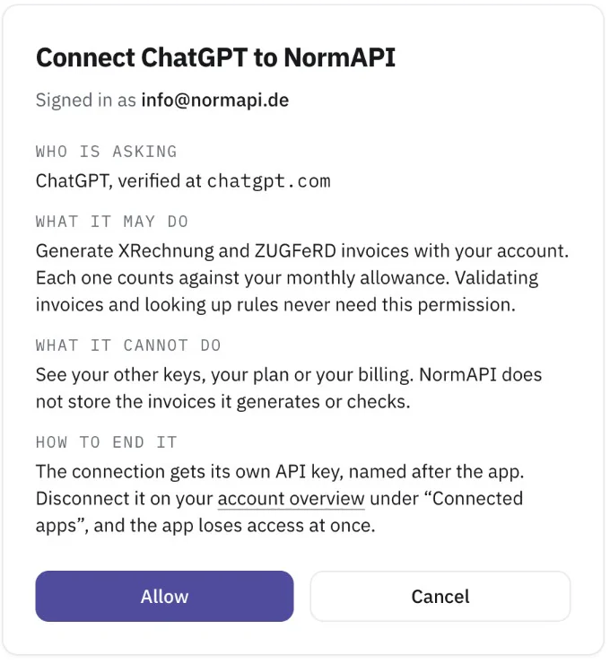 NormAPI’s “Connect ChatGPT to NormAPI” page: who is asking, what the app may do, what not, and how to end it