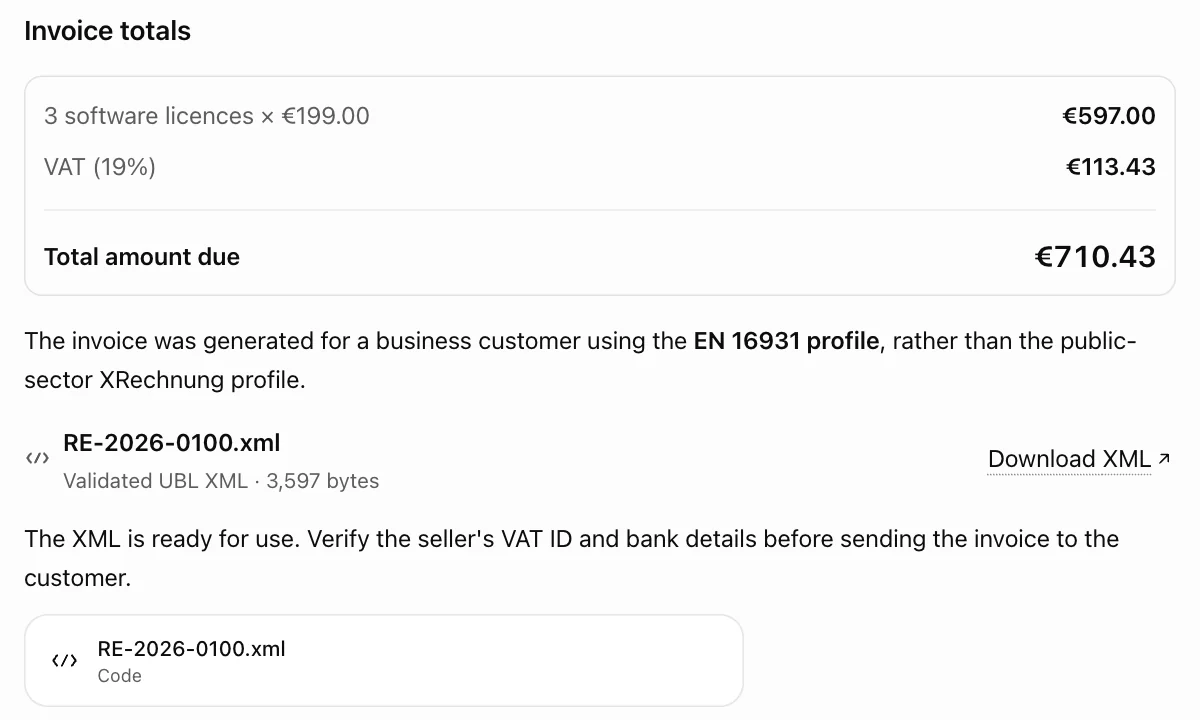 An invoice RE-2026-0100 created in ChatGPT, with the totals €597.00, €113.43 VAT and €710.43, and the XML to download