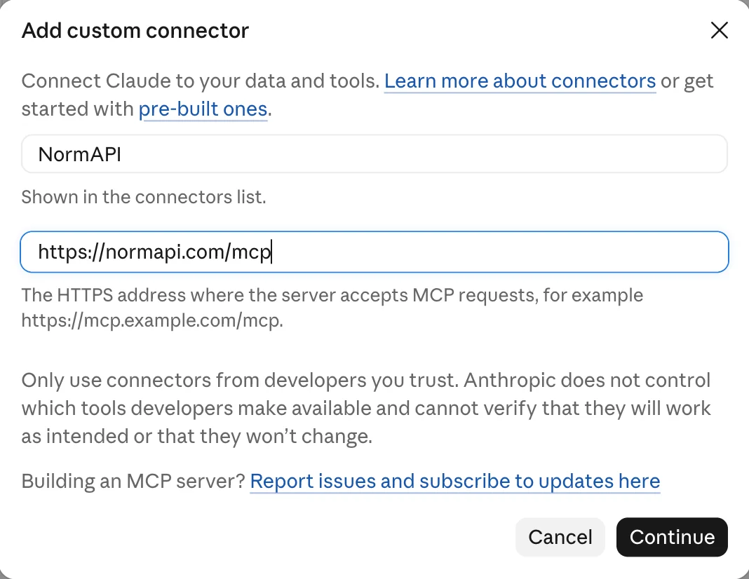Claude’s “Add custom connector” dialog with the name NormAPI and the address https://normapi.com/mcp