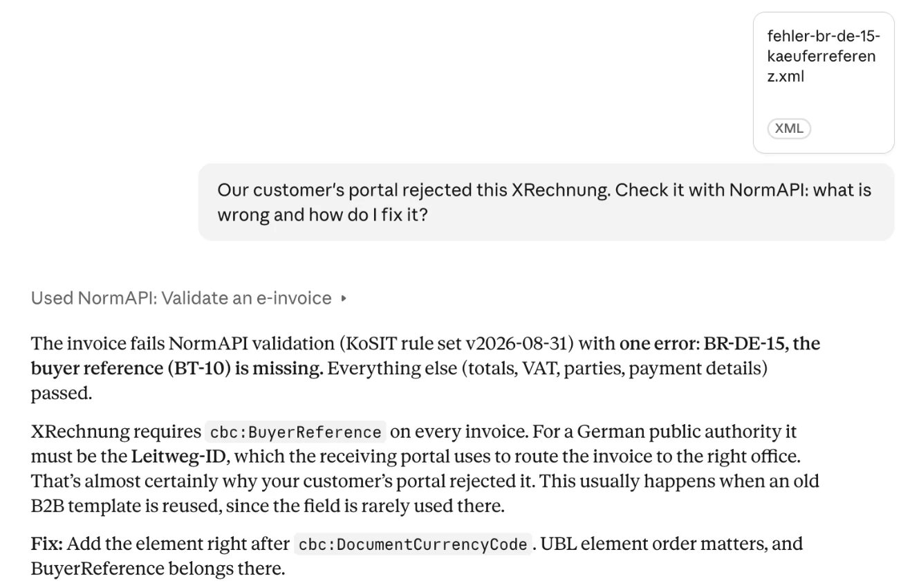 Claude checks an attached XRechnung with NormAPI: one error, BR-DE-15, the buyer reference is missing, with the fix